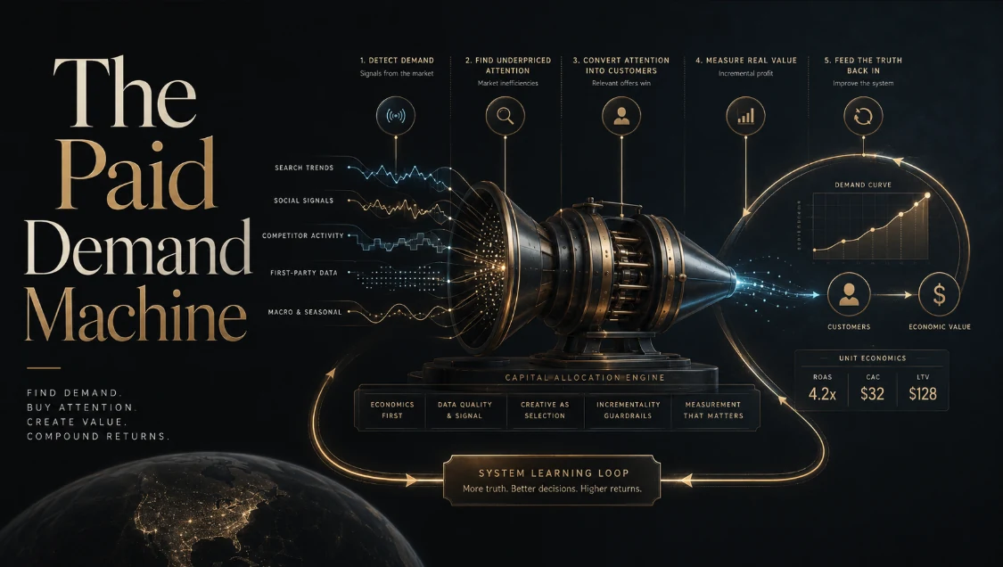 A golden turbine labelled Capital Allocation Engine, fed from the left by five labelled streams — search trends, social signals, competitor activity, first-party data, macro and seasonal — and sending customers and economic value out to the right, with an arrow marked System Learning Loop carrying the result back to the start.