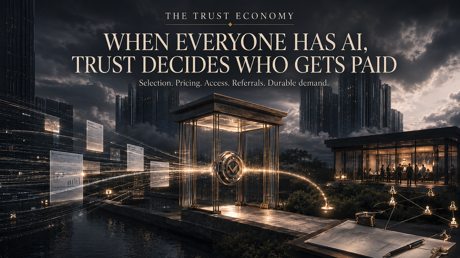 A lit golden gateway standing in a city plaza at dusk, a glowing path running through it, under the words “The Trust Economy — When Everyone Has AI, Trust Decides Who Gets Paid” and the line “Selection. Pricing. Access. Referrals. Durable demand.”