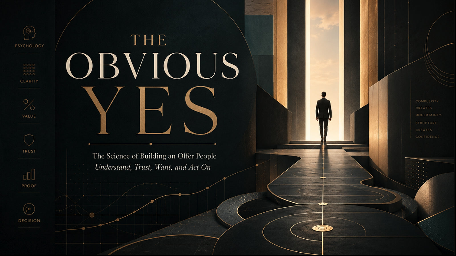 A person in a suit walks down a dark marble corridor toward a tall doorway filled with warm light, under the title The Obvious Yes. A column of icons along the left edge is labelled Psychology, Clarity, Value, Trust, Proof and Decision.