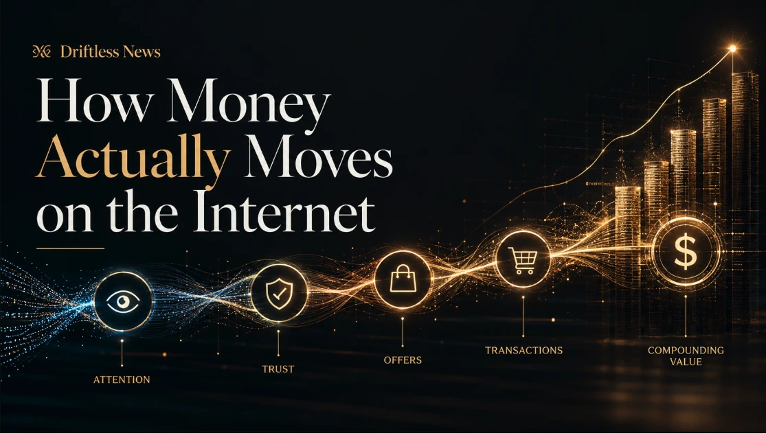 Gold on black. Five lit points run left to right along a glowing line - an eye, a shield, a shopping bag, a cart and a dollar sign - labelled Attention, Trust, Offers, Transactions and Compounding Value. Behind them a bar chart climbs. The title reads How Money Actually Moves on the Internet.