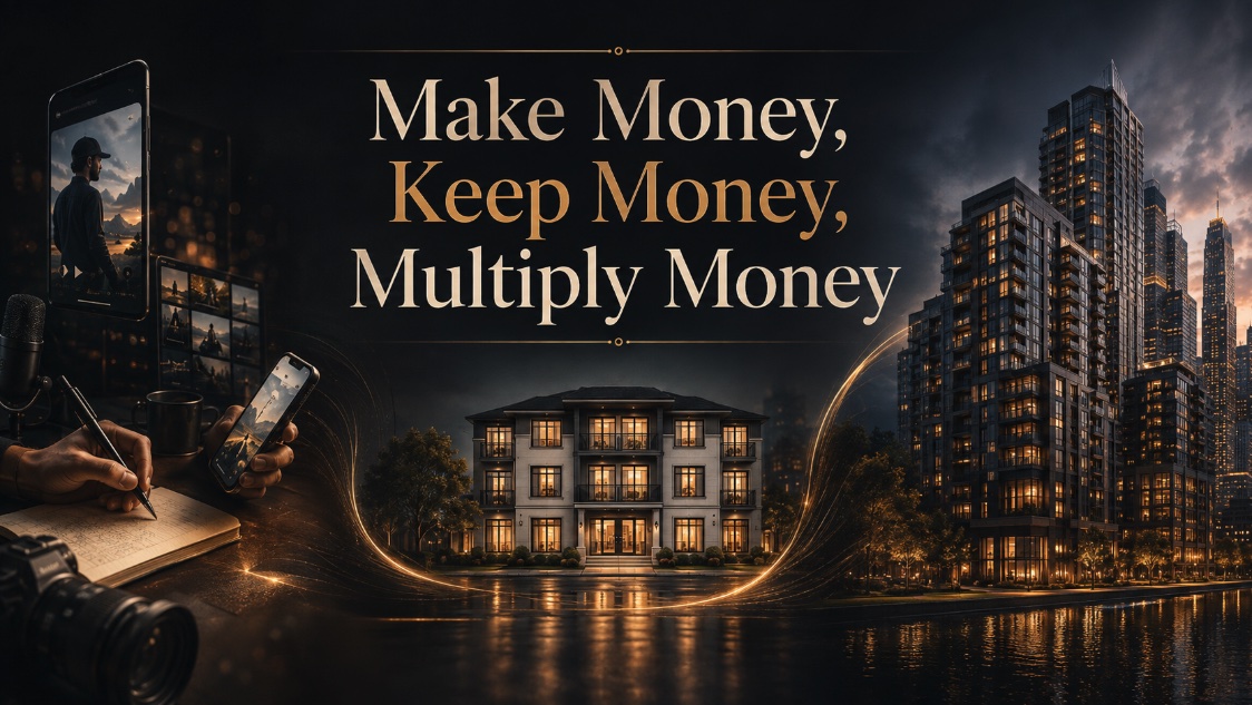 Illustration titled 'Make Money, Keep Money, Multiply Money': a hand writing in a notebook beside a camera and phones showing social content, a single large house at center, and a cluster of illuminated apartment towers at dusk on the right.