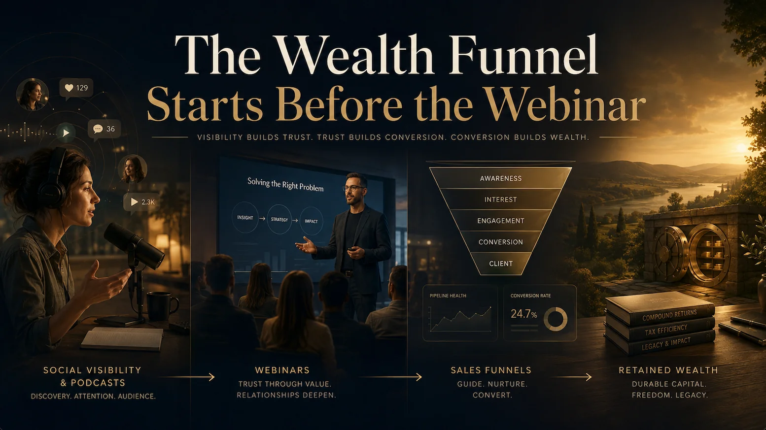 Four scenes in a row: a woman recording a podcast, a speaker presenting to a seated audience, a funnel narrowing from awareness down to client, and a vault beside a stack of books on compound returns.
