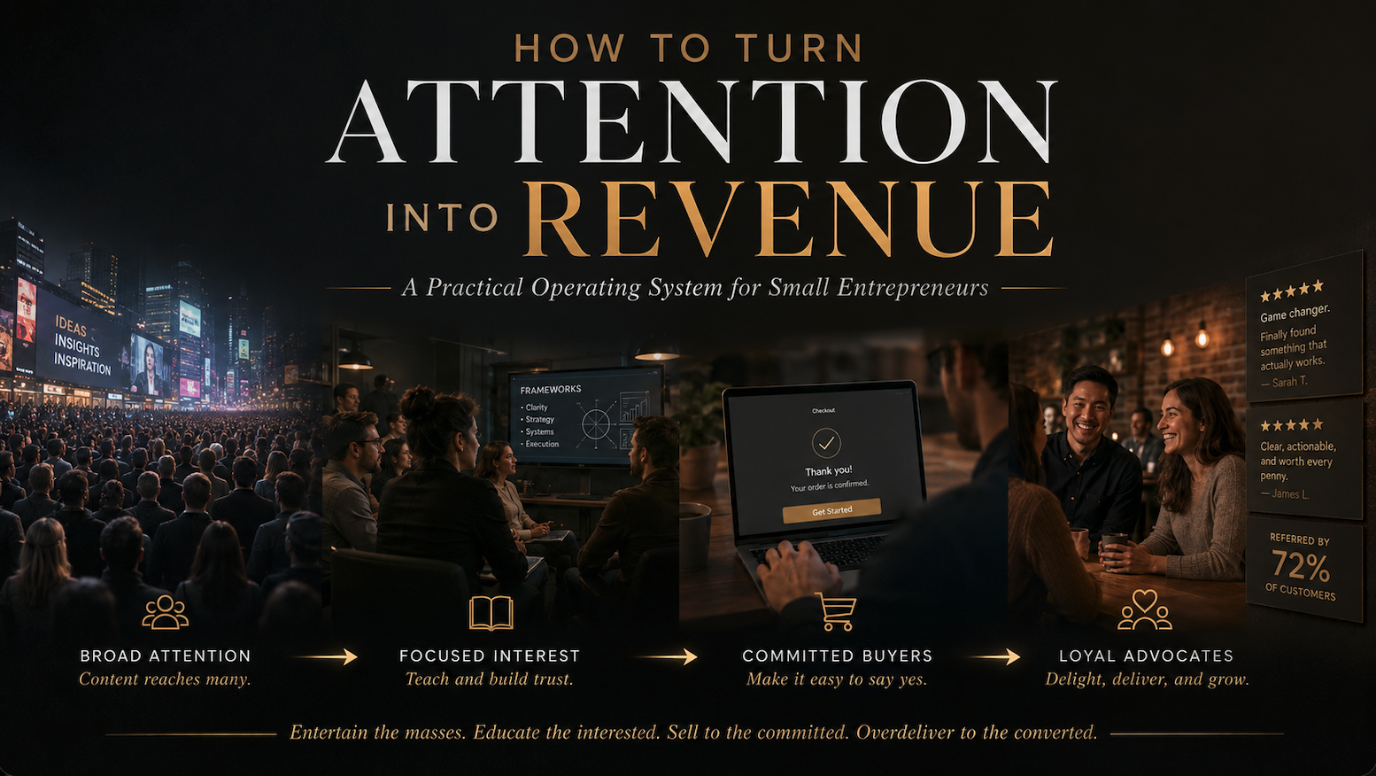 A dark title card reading “How to Turn Attention Into Revenue — A Practical Operating System for Small Entrepreneurs”, above four photographs marking the stages it describes: broad attention, focused interest, committed buyers, and loyal advocates.