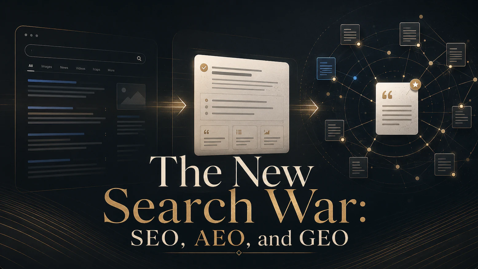 A dark navy and gold diagram reading left to right: a search results page, then a single extracted answer card, then that card cited across a network of linked documents. The title reads The New Search War: SEO, AEO, and GEO.