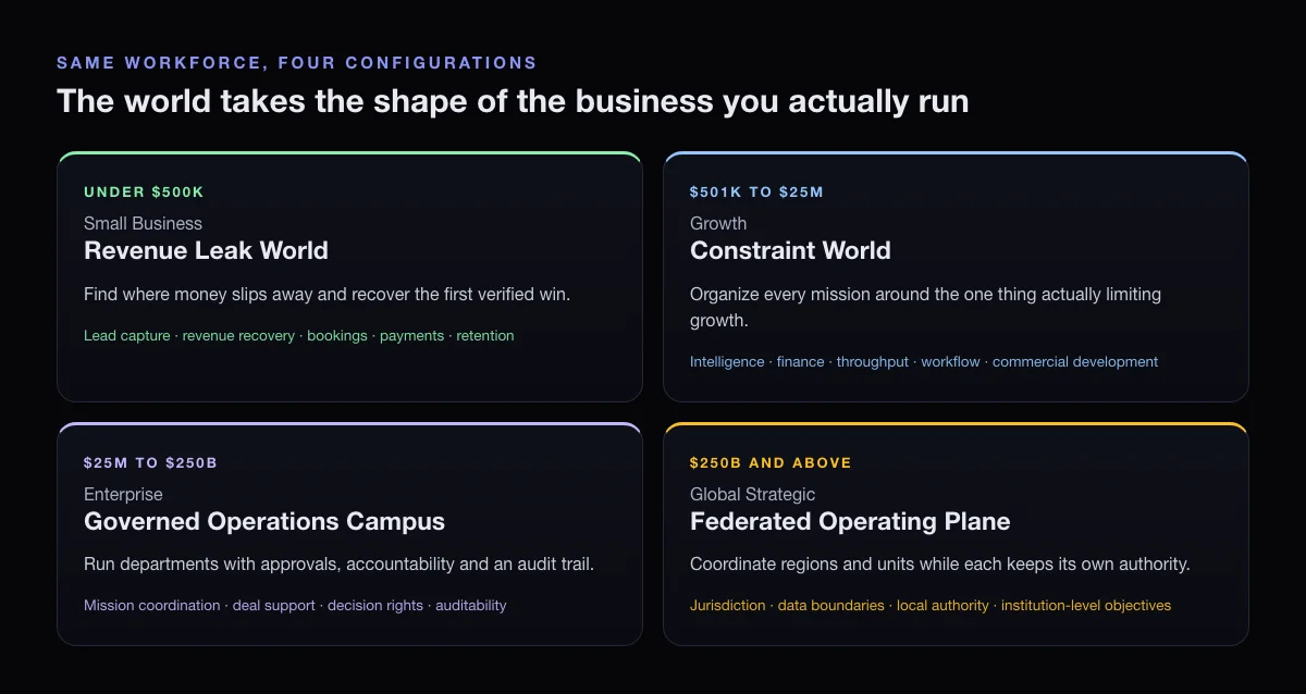Four cards: Small Business Revenue Leak World, Growth Constraint World, Enterprise Governed Operations Campus, and Global Strategic Federated Operating Plane, each with its focus.