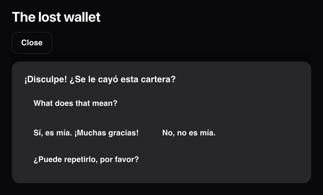 A Voxara story scene in Spanish. A stranger asks whether the learner dropped a wallet, and the learner chooses what to say next.